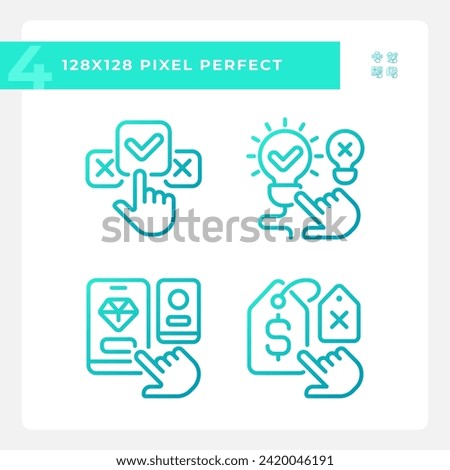 Pixel perfect gradient icons representing comparisons, blue thin line illustration set.