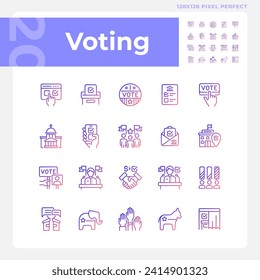 Pixel perfekte Farbverlauf-Symbole gesetzt, die Stimmverhalten, einzelne Vektorgrafik, Politik und Wahlzeichen darstellen.