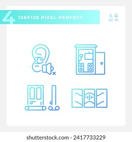 Pixel perfect gradient icons set representing soundproofing, blue thin linear illustration.