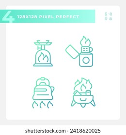 Iconos de gradiente perfectos de píxeles que representan el engranaje de senderismo, ilustración de línea delgada aislada verde.