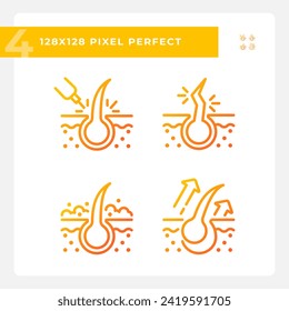 Pixel perfect gradient icons set representing haircare, thin line orange illustration.