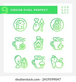 Pixel perfect gradient icons set of allergen free, green thin linear illustration.