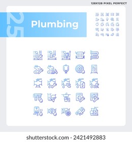 Pixel perfect gradient icons set representing plumbing, blue thin line illustration.
