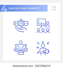 Pixel perfect gradient icons set representing soft skills, purple thin linear illustration.