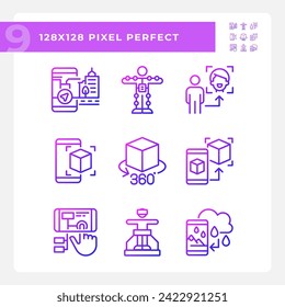 Pixel perfect gradient icons set of VR, AR and MR, thin linear illustration.