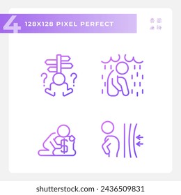 Conjunto de iconos de degradado perfecto de píxeles que representan la psicología, ilustración de línea delgada púrpura.