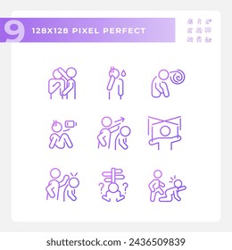 Pixel perfect gradient icons set representing psychology, purple thin line illustration.