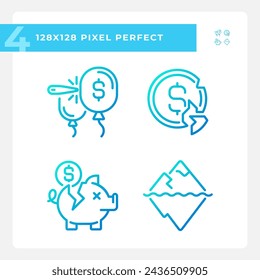 Pixel perfect gradient icons set representing economic crisis, thin line blue illustration.
