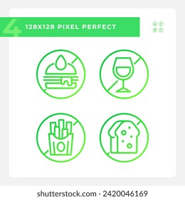 Pixel perfect gradient simple icons collection representing allergen free, green thin linear illustration.