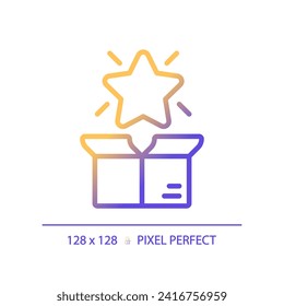 Pixel perfect gradient star over box icon, isolated vector, product management thin line illustration.