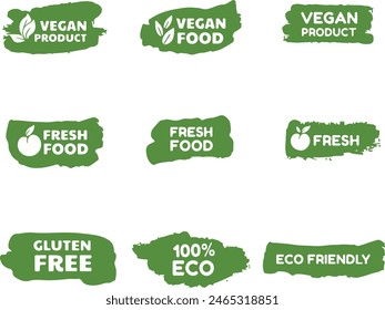 Pixel perfect green icon set of fresh vegan eco friendly gluten free natural healthy food product fruit vegetable. Icons flat vector illustrations isolated on white and transparent background