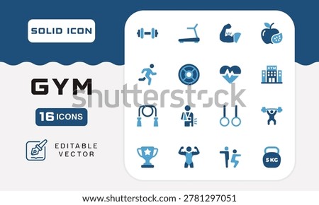 Pixel perfect GYM icon set. Contains icons of dumbbell, treadmill, muscle, heartbeat, gym building, and more. Editable vector. Vector illustration.