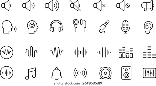 Pixel perfect icon set of audio sound volume music level. Symbol collection. Thin line icons, editable stroke.	
