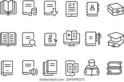 Pixel perfeito ícone conjunto de livro educação literatura leitura conhecimento estudo aprendizagem biblioteca. Ícones de linha finos, traçado editável.