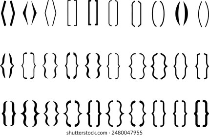 Pixel perfect icon set of brackets parentheses parenthesis. Thin line icons, flat vector illustrations, isolated on transparent background