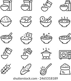 Pixel icono perfecto conjunto de cereales de avena de desayuno. Iconos de línea fina Ilustraciones vectoriales planas aisladas sobre fondo blanco transparente