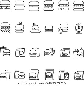 Pixel perfecto icono conjunto de hamburguesas hamburguesa hamburguesa hamburguesa comida rápida papas fritas bebida de coca cola. Iconos de línea fina, Ilustraciones vectoriales planas, aislados sobre fondo transparente