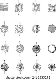 Pixel perfekte Ikone Satz von Chaos. Chaotische Linie Pfeillinien Handgezeichnete komplexe Route Gebogene Kratzwege verwirrte chaotische Knoten Reisen Wirrwarr. Dünne Linien-Symbole Flache Vektorgrafiken auf weißem Hintergrund