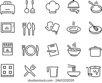 Pixel perfect icon set of cooking tools Knife, cleaver, shears, mandoline, peeler, bowl, spoon, whisk, spatula, tongs, ladle, colander, timer, pin. Thin line icons flat vector illustrations