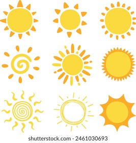 Pixel Perfect Icon Set von niedlichen Cartoon-Stil Sonnenlicht Formen, Sonne, Licht, Wärme, heißes Wetter, Sonnenenergie, Gelb. Dünne Liniensymbole, flache Vektorillustrationen, isoliert auf transparentem Hintergrund