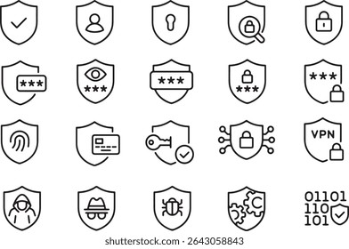 Pixel perfect icon set of cyber security internet data protection shield privacy authentication safety encryption. Thin line icons, editable stroke.	
