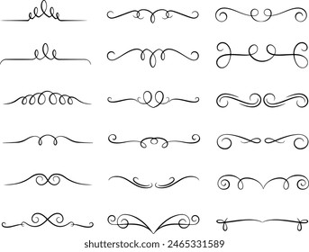 Pixel perfect icon set of decorative swirls dividers filigree decor element flourish line border ornament. Vintage header text separator frame. Thin line icons flat vector illustrations isolated