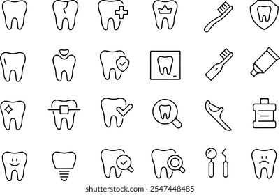 Pixel perfeito ícone conjunto de odontologia dentária saúde dentária cuidados dentários dentista pasta de dente escova de dentes. Ícones finos ilustrações em vetor plano isoladas no plano de fundo branco e transparente