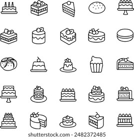 Pixel perfect icon set of dessert, cake, pastry, celebration cake, birthday cake. Thin line icons, flat vector illustrations, isolated on transparent background