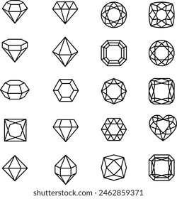 Pixel perfect icon set of diamonds, gems, different diamond cuts. Simple thin line icons, flat vector illustrations. Isolated on white, transparent background