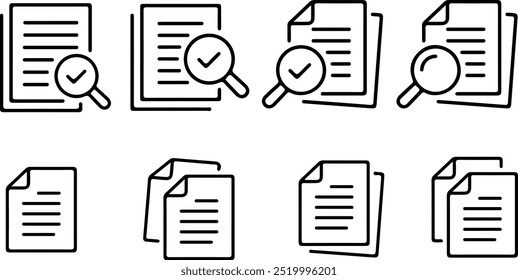 Pixel perfect icon set of document file folder , searching verifying files. Thin line icons flat vector illustrations isolated on white transparent background