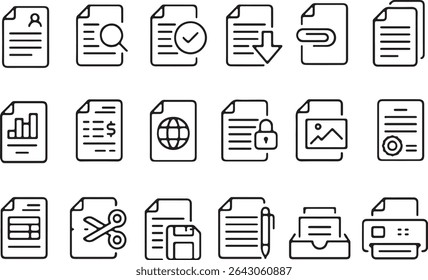 Ícone perfeito de pixel conjunto de pasta de arquivos de documento formulário da folha relatório registro anexo lista de verificação da fatura. Coleção de símbolos. Ícones de linha finos, traçado editável.	
