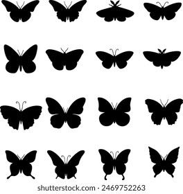 Pixel perfekte Ikone Satz von fliegenden Schmetterling Silhouetten Schablonen Insekten. Exotisches Tier mit Flügeln. Flache Vektorillustrationen isoliert auf durchsichtigem Hintergrund