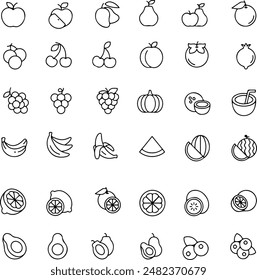 Pixel perfect icon set of fruits foods with vitamin vegetarian lifestyle. Thin line icons, flat vector illustrations, isolated on transparent background