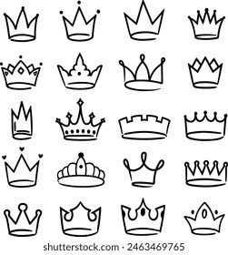 Pixel perfekte Icon Set Hand gezeichnete Krone Königin Königin Elegante majestätische Tiara Monarch Graffiti Royal Accessoire Edelsteine Schmuck. Dünne Linie Symbole Flache Vektorillustrationen isoliert auf Weiß Transparent b