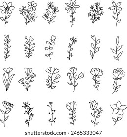 Pixel perfect icon set of hand drawn handdrawn black flower plant leaf floral. Thin line icons flat vector illustrations isolated on white transparent background