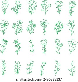 Pixel perfect icon set of hand drawn handdrawn green flower plant leaf floral. Thin line icons flat vector illustrations isolated on white transparent background