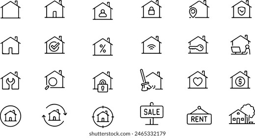 Pixel perfecto icono conjunto de casa casa venta, alquiler, vendido, refugio, seguro, bienes raíces, hipoteca. Iconos de línea fina Ilustraciones vectoriales planas aisladas sobre fondo blanco y transparente