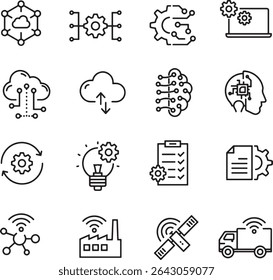  Pixel perfeito ícone conjunto de indústria 4.0 automação de tecnologia, iot, internet das coisas, fábrica inteligente, computação em nuvem, inteligência artificial, aprendizagem de máquina. Ícones de linha fina, traçado editável	
