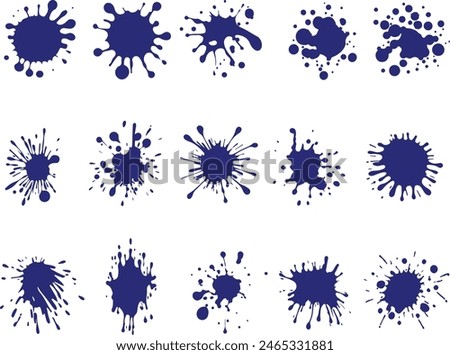 Pixel perfect icon set of ink drops blot spot splatter liquid paint drip splashes. Artistic dirty grunge inking stained effect. Flat vector illustrations isolated on transparent background