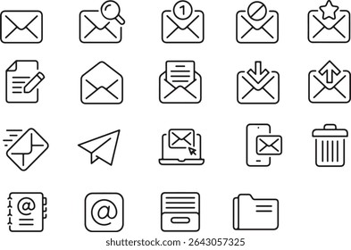 Pixel perfect icon set of mail email e-mail communication sending receiving message. Symbol collection. Thin line icons, editable stroke.	
