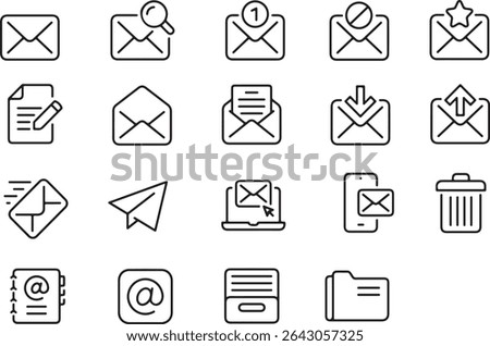 Pixel perfect icon set of mail email e-mail communication sending receiving message. Symbol collection. Thin line icons, editable stroke.	
