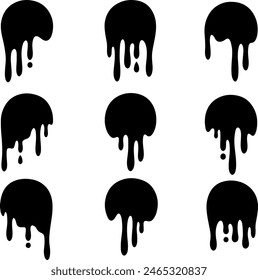 Pixel perfect icon set of melting round shape melted texture label flowing liquid dripping circle molten caramel syrup sweets chocolate blobs. Thin line icons flat vector illustrations