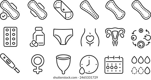 Pixel perfect icon set of menstruation period menses. Thin line icons flat vector illustrations isolated on transparent background