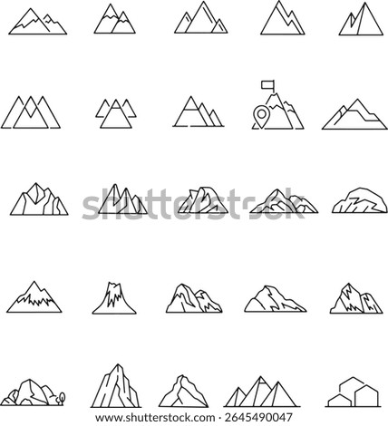 Pixel perfect icon set of mountain summit hill landscape peak altitude adventure nature travel outdoor climbing. Thin line icons, editable stroke.