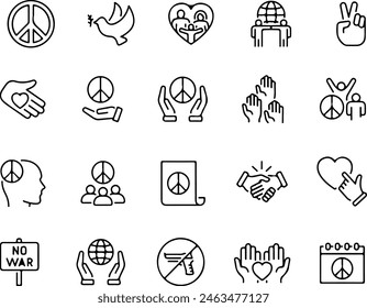 Pixel perfect icon set of peace, moral, no war, freedom, harmony, peace day, dove. Thin line icons flat vector illustrations isolated on white transparent background