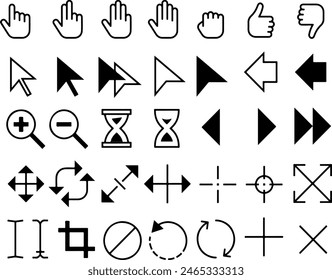 Pixel perfect icon set of pointer cursor pointers black selection hand click edit tool mouse arrow icon cursors skip swipe symbols . Thin line icons flat vector illustrations isolated on transparent