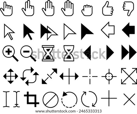 Pixel perfect icon set of pointer cursor pointers black selection hand click edit tool mouse arrow icon cursors skip swipe symbols . Thin line icons flat vector illustrations isolated on transparent
