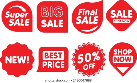 Pixel perfect icon set of red sale discoint best price new product labels. Icons, flat vector illustrations, isolated on transparent background