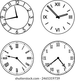Pixel perfect icon set of round wall clock watch hour minute time stopwatch. Thin line icons flat vector illustrations isolated on white transparent background