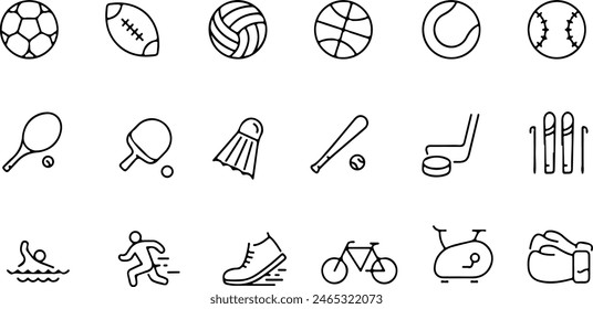 Pixel perfecto icono conjunto de deportes fútbol fútbol baloncesto voleibol golf gimnasio esquí boxeo tenis. Iconos de línea fina Ilustraciones vectoriales planas aisladas sobre fondo blanco transparente